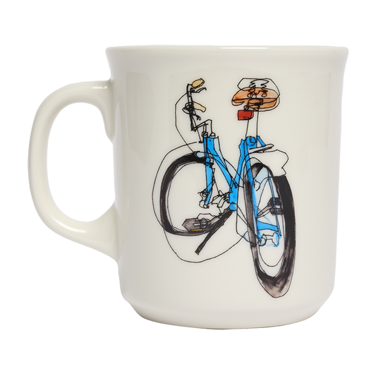 White mug with a bicycle illustration on a white background