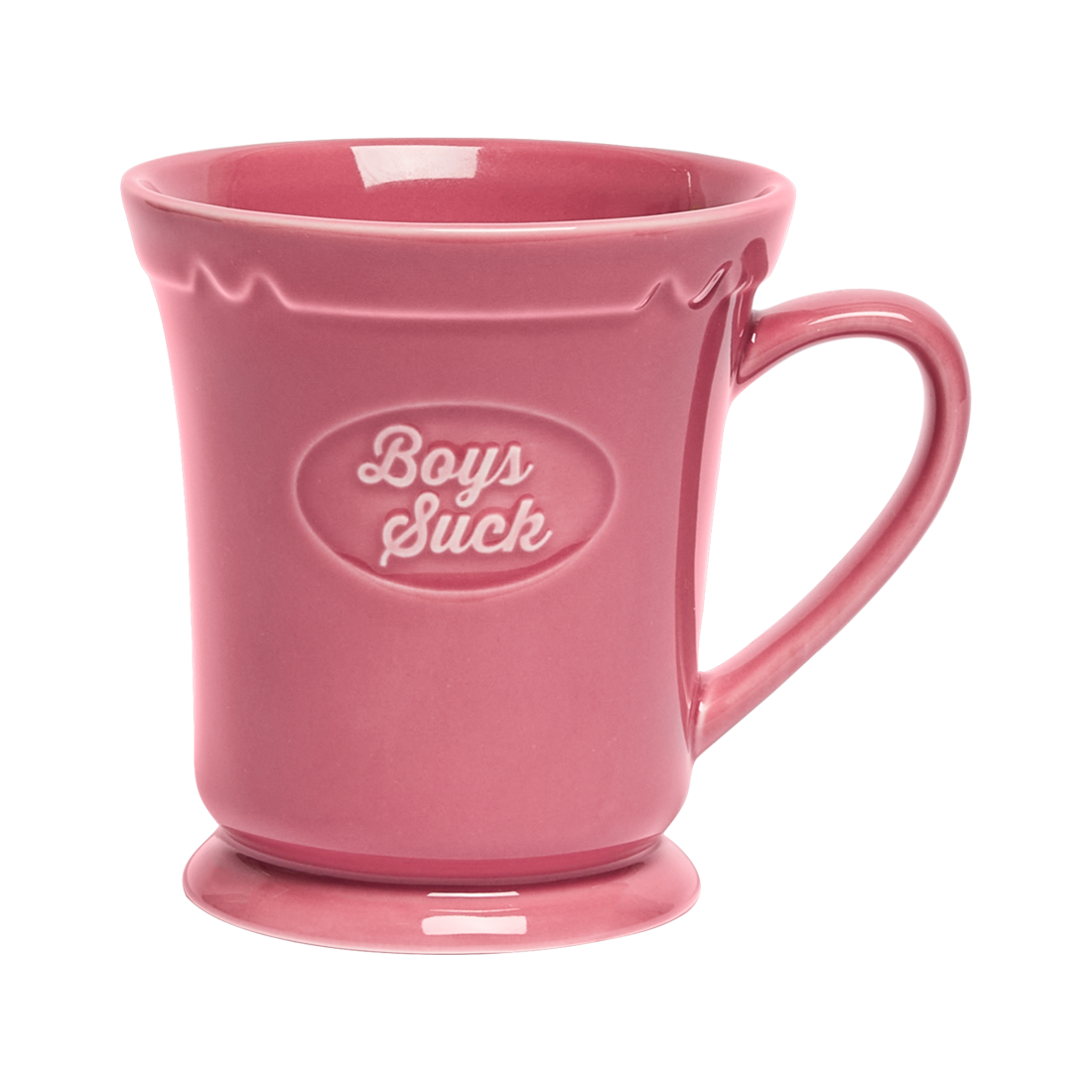 Pink mug with 'Boys Suck' text on a white background