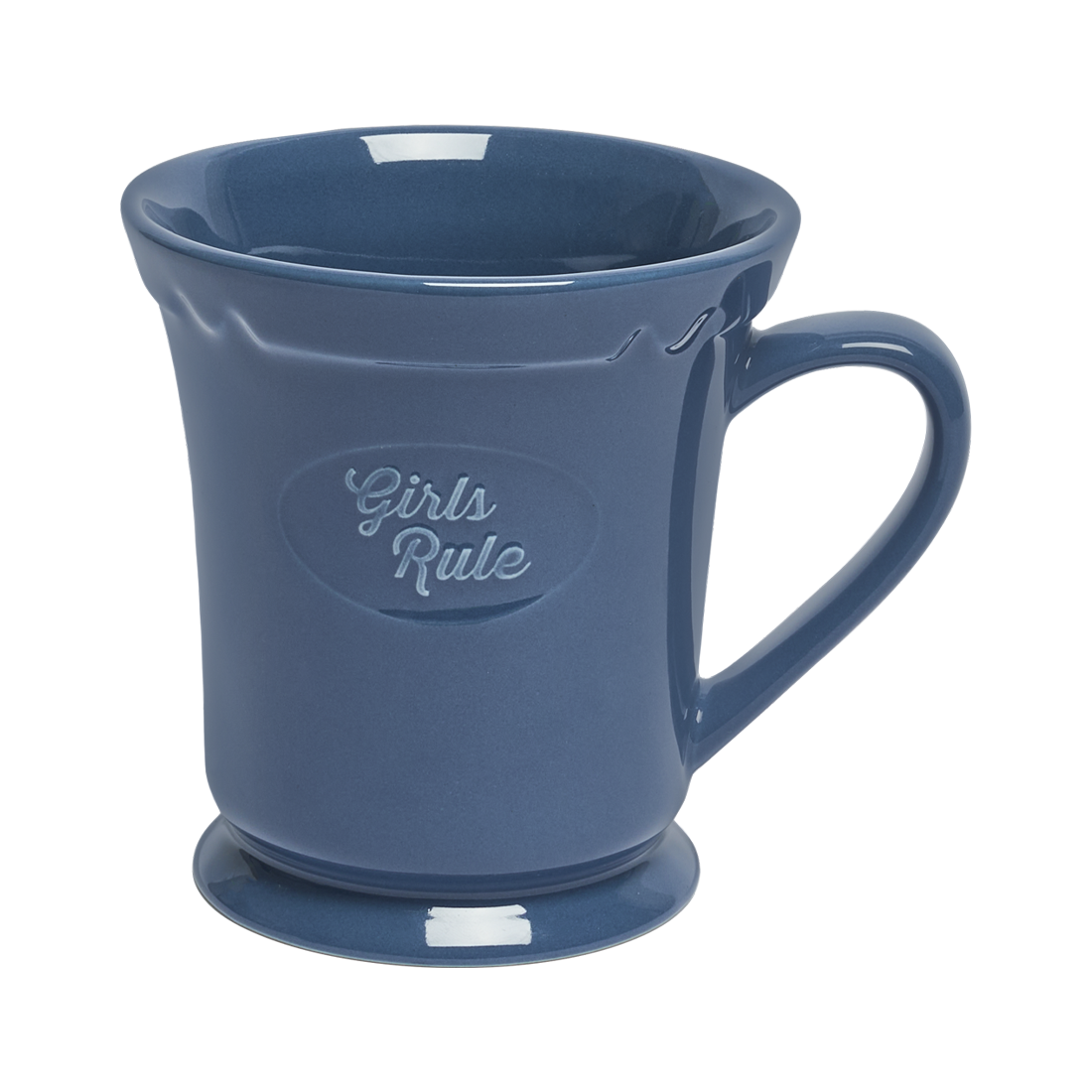 Blue mug with 'Girls Rule' text on a white background