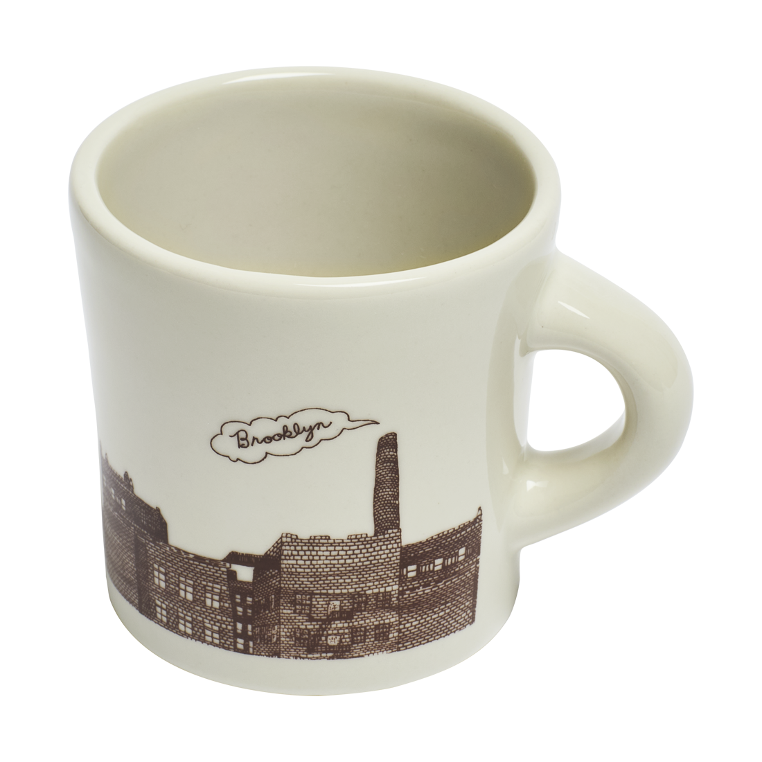 White mug with brown 'Brooklyn' design on a white background