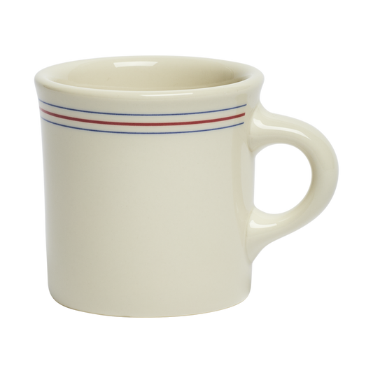 White mug with red and blue stripes on a white background