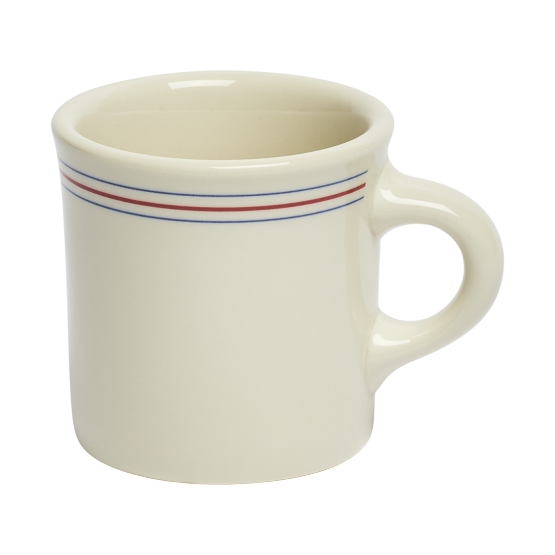 White mug with red and blue stripes on a white background