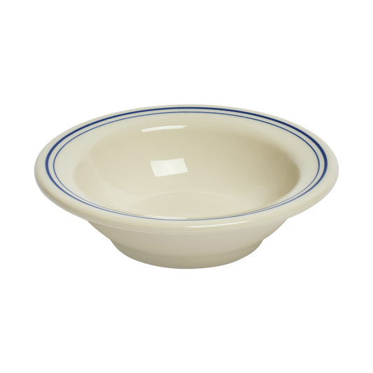 Beige bowl with a blue rim on a white background
