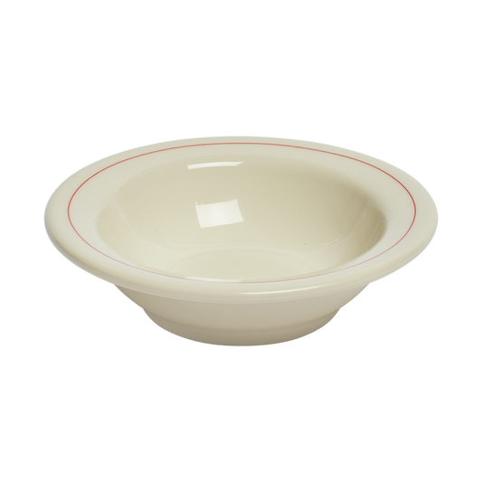 Beige ceramic bowl with a red rim on a white background