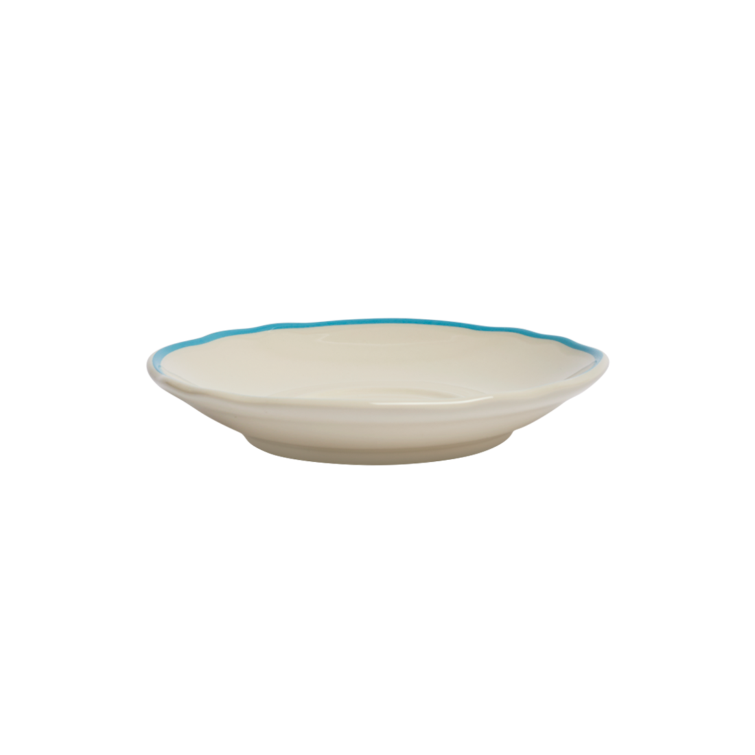 White ceramic bowl with blue rim on a white background