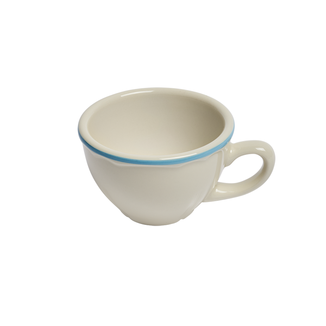 White ceramic cup with a blue rim on a white background