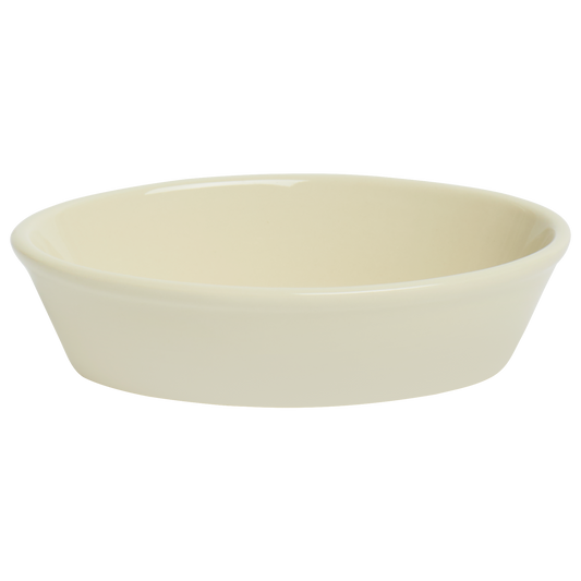 Close-up of white ceramic baker bowl, thick durable diner-style serving bowl