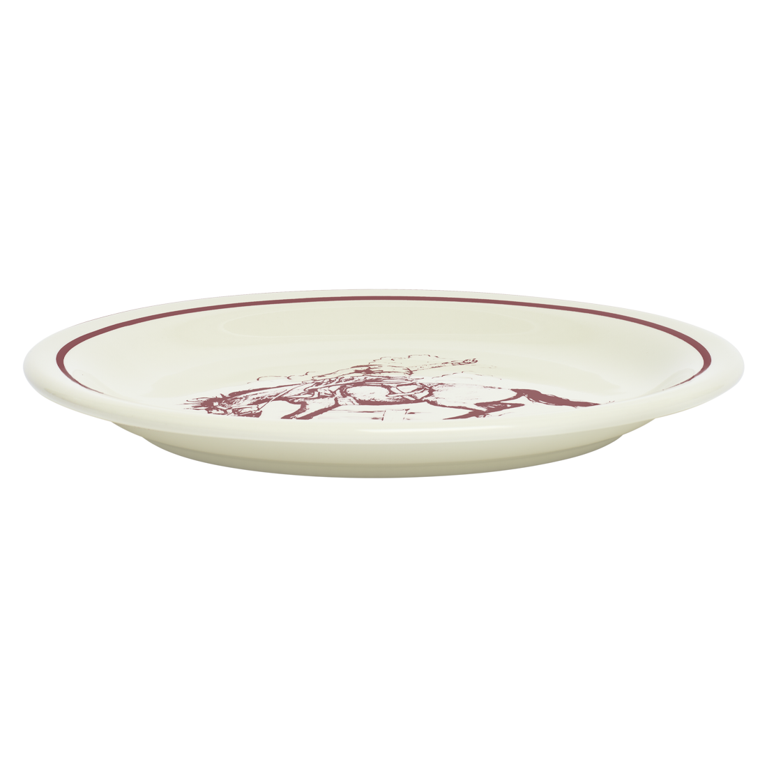 White plate with red rim and purple design on a white background