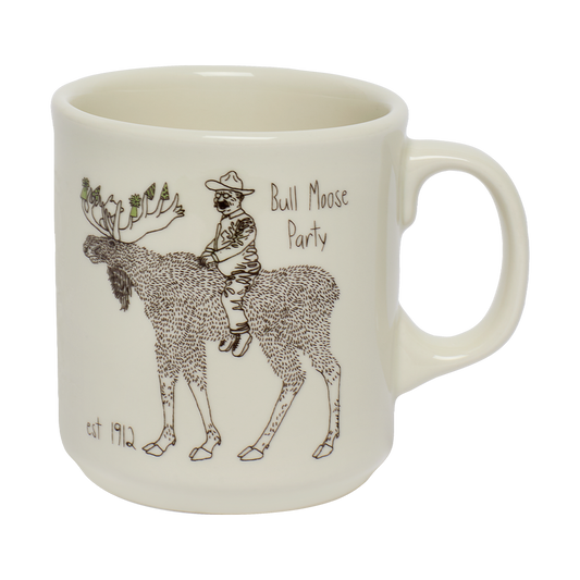 Mug with illustration of a person riding a moose and 'Bull Moose Party' text on a white background