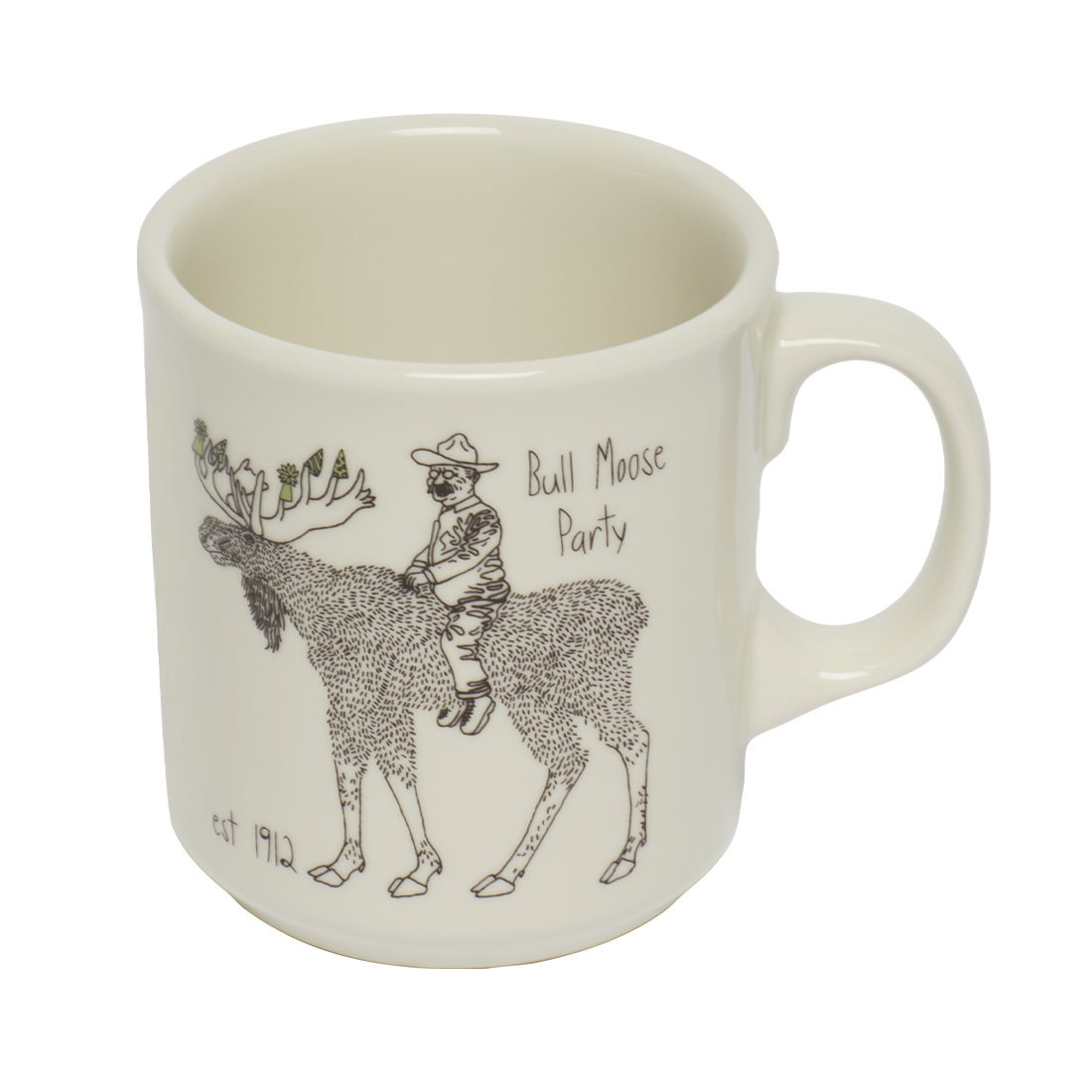 White mug with a black and white illustration of a moose and a person, with text 'Bull Moose Party' on a white background.