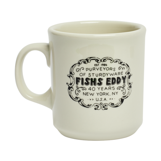 White mug with black text and logo on a white background