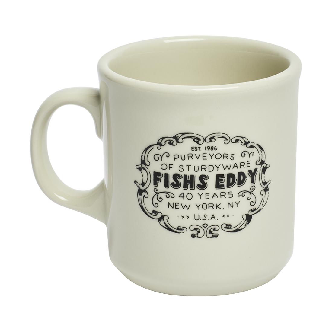 White mug with black text and logo on a white background