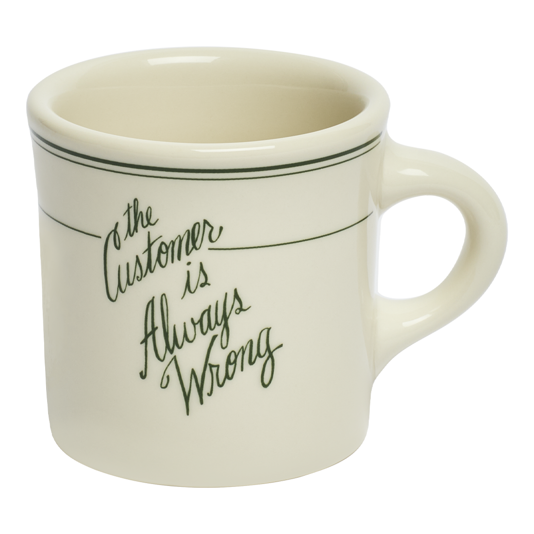 White mug with 'The Customer is Always Wrong' text on a white background