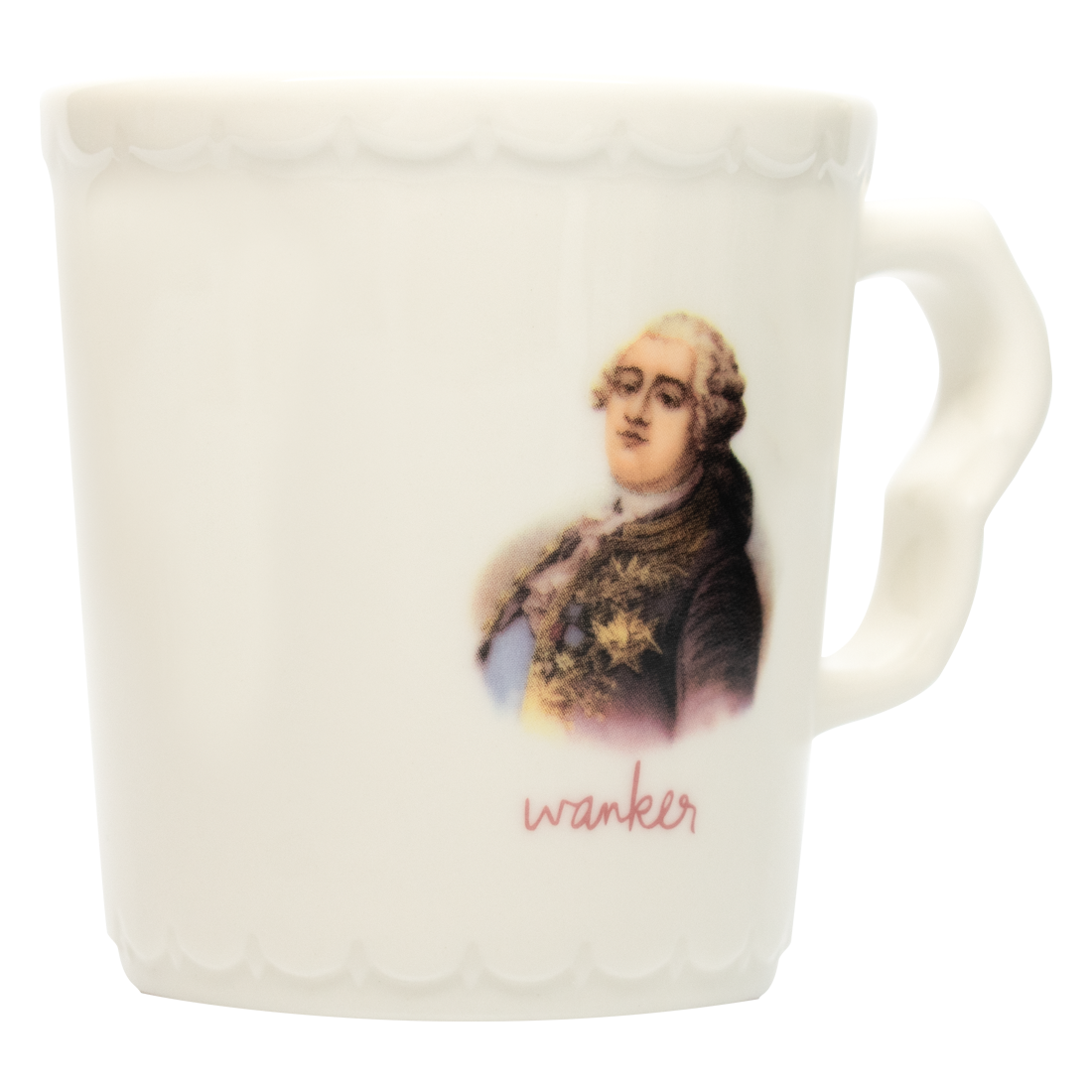 This image features a white ceramic mug with a playful design, labeled with the word "Wanker" across the front. The mug showcases a printed portrait of a man in a historical costume, adding a whimsical touch to its overall appearance.