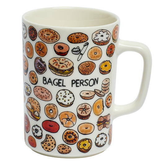 Mug with bagel designs and 'Bagel Person' text on a white background