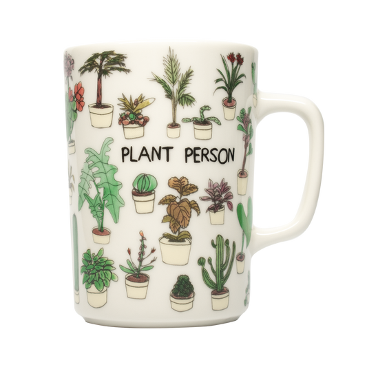 A white ceramic mug with various illustrations of potted plants and the text 'PLANT PERSON'.