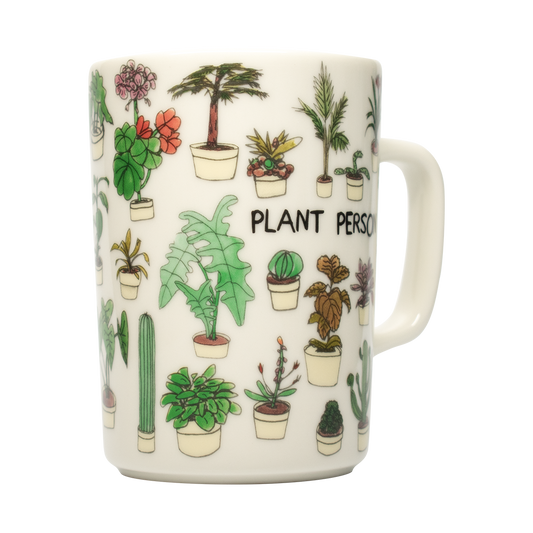A white ceramic mug with various illustrations of potted plants and the text 'PLANT PERSON'.