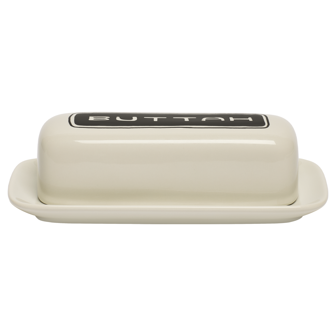 Cream-colored butter dish with 'BUTTAH' label on a white background