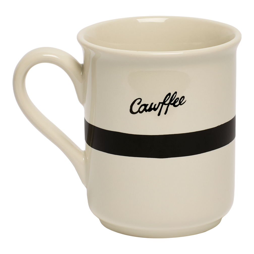 Beige mug with black band and 'Caoffee' text on a white background