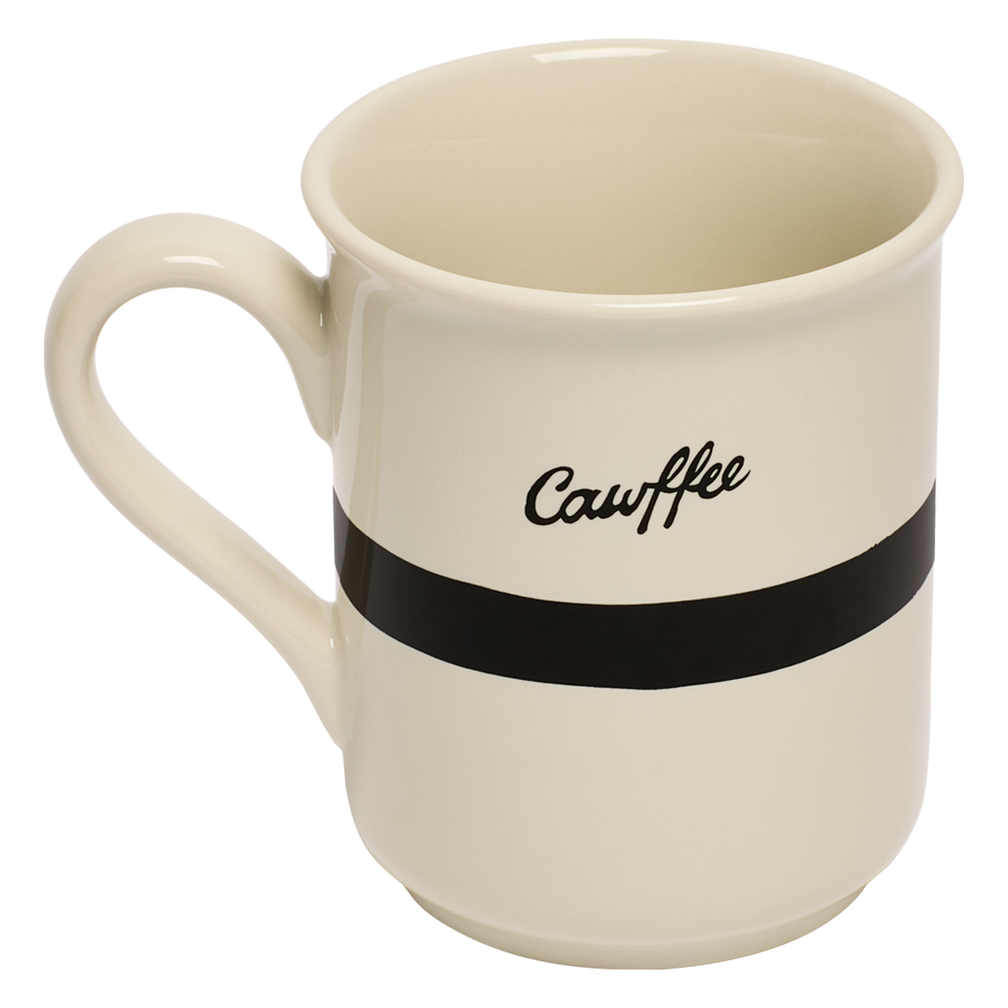 Beige mug with a black band and 'Caoffee' text on a white background
