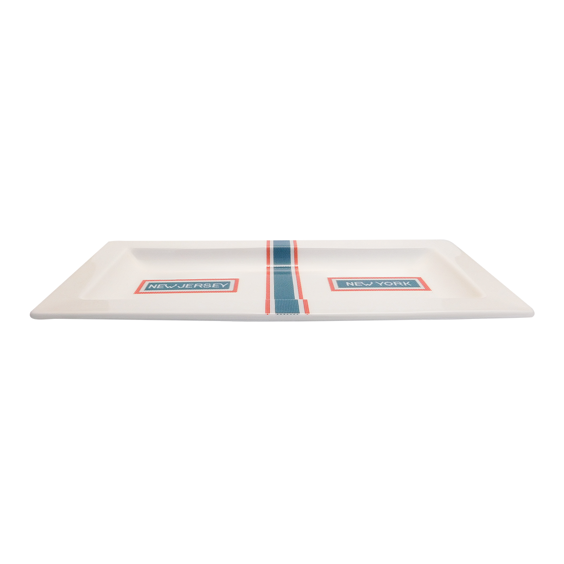 A rectangular serving tray with a white background and blue stripes, featuring the text 'NEW JERSEY' and 'NEW YORK' on opposite ends.