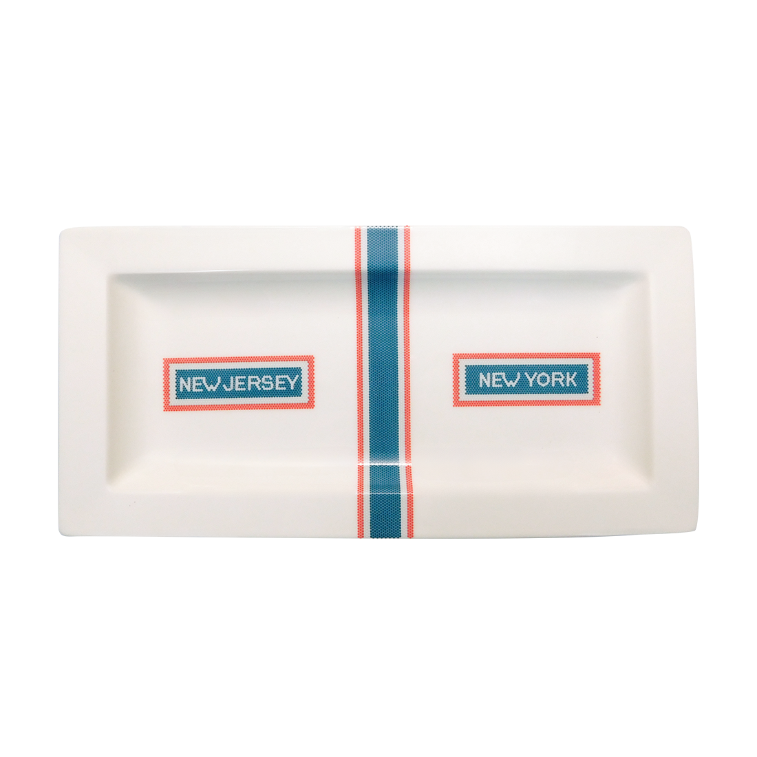 A rectangular serving tray with a white background and blue stripes, featuring the text 'NEW JERSEY' and 'NEW YORK' on opposite ends.