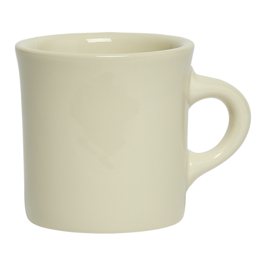 Beige ceramic mug on a white background