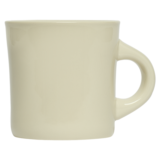 Beige ceramic mug on a white background