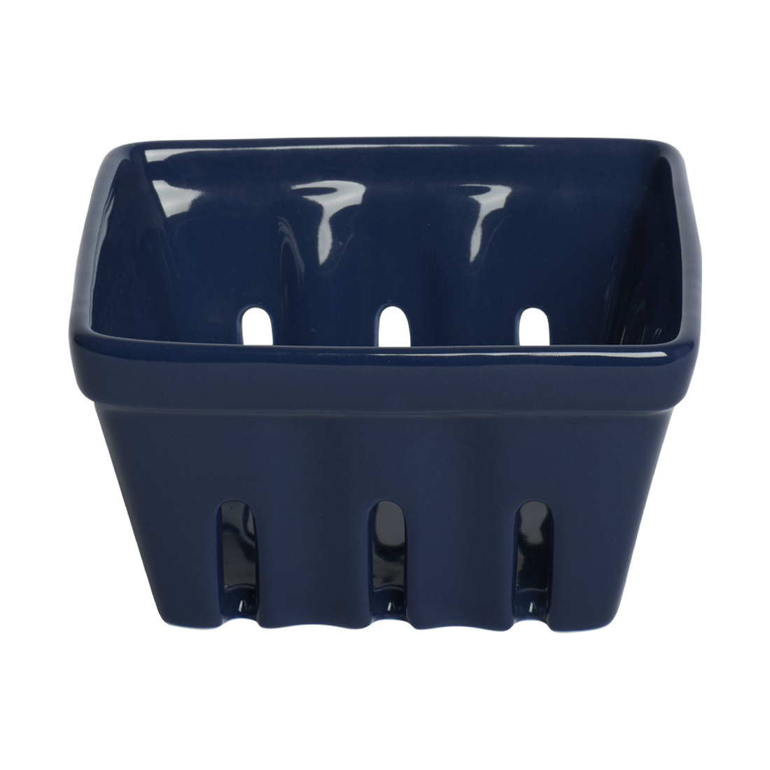 Navy blue plastic berry basket on a white background