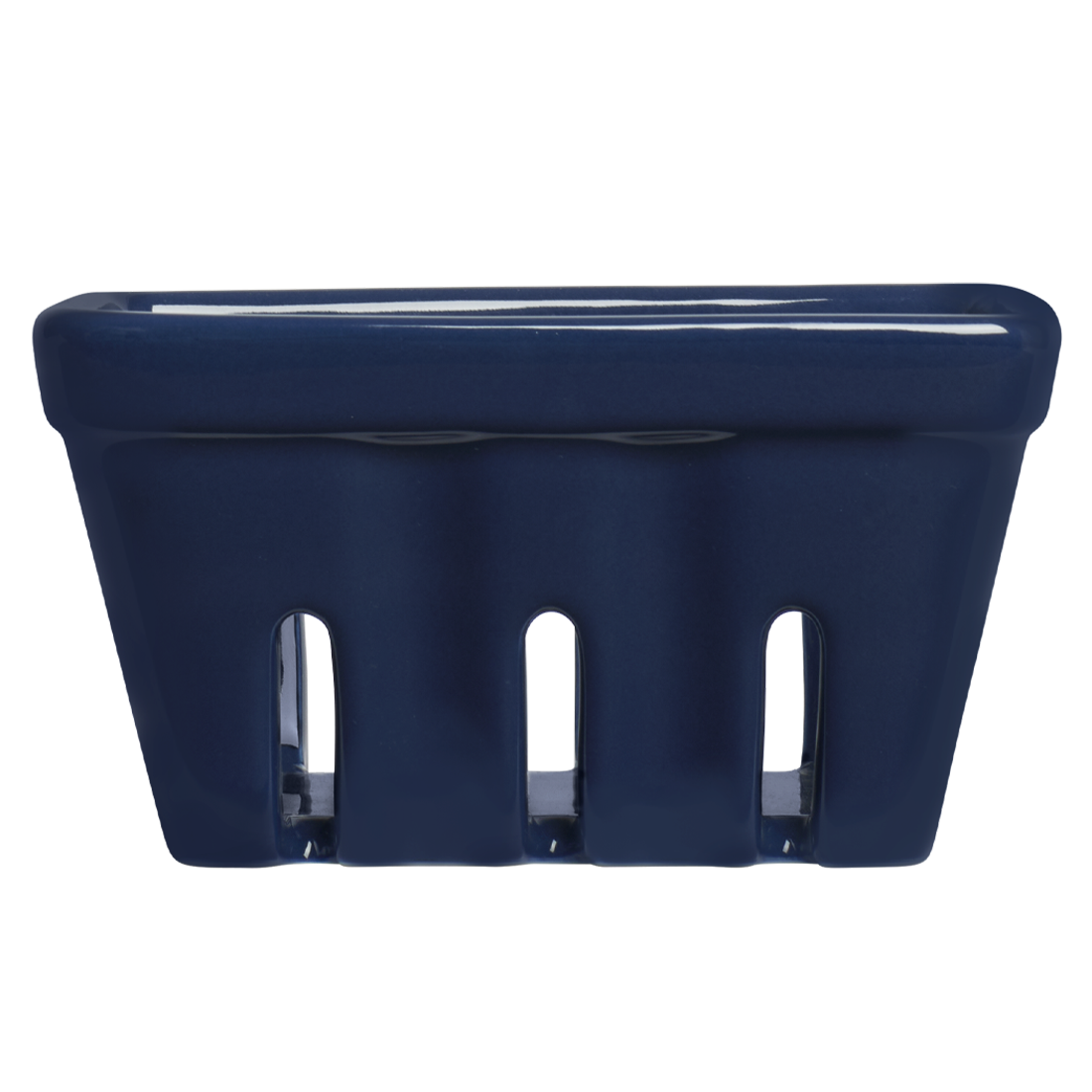 Navy blue plastic basket with handles on a white background
