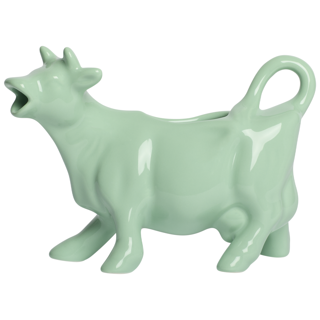 Mint green ceramic cow-shaped container on a white background