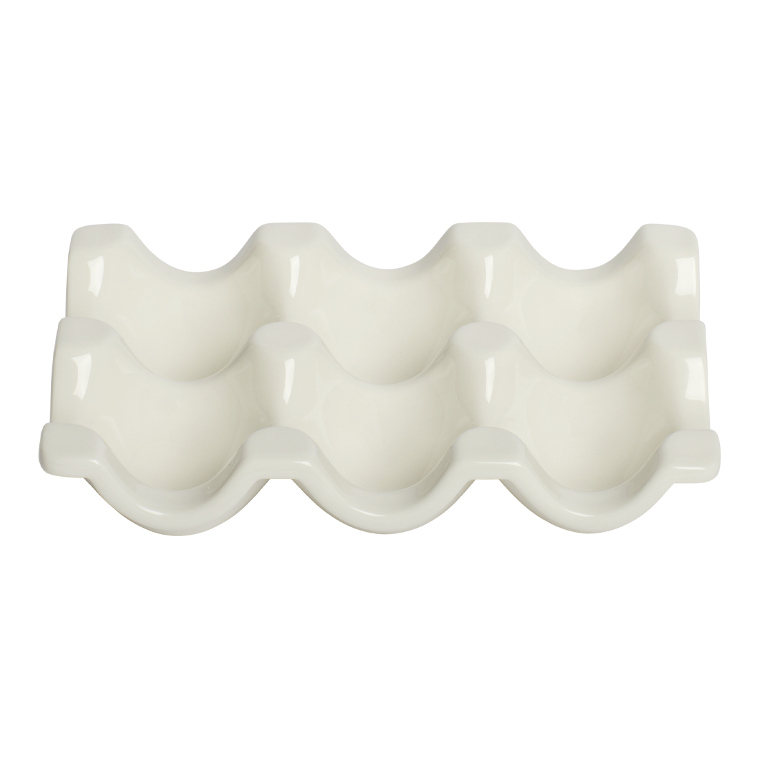 White ceramic egg holder with wavy design on a white background