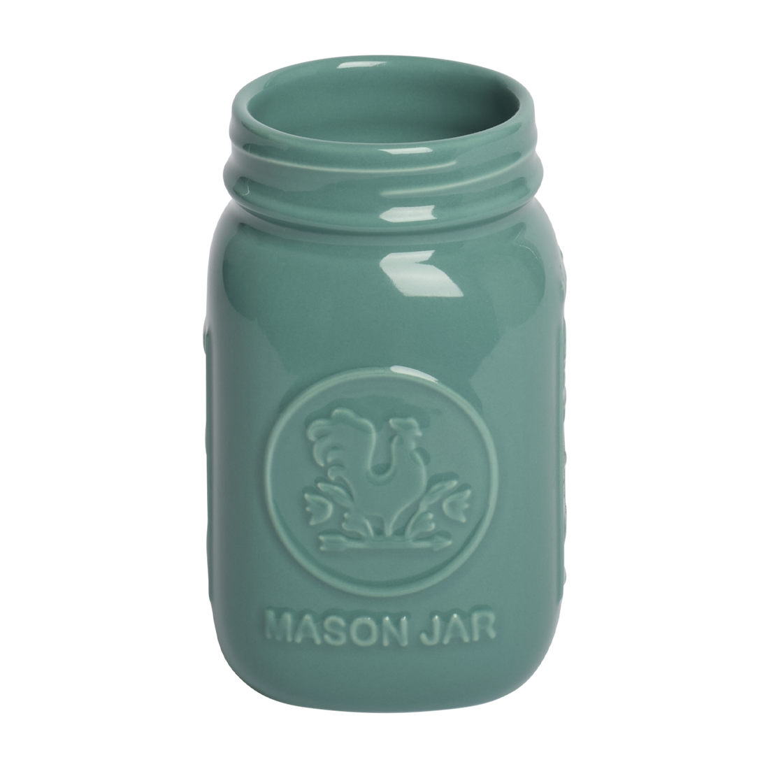 Green mason jar with embossed design on a white background