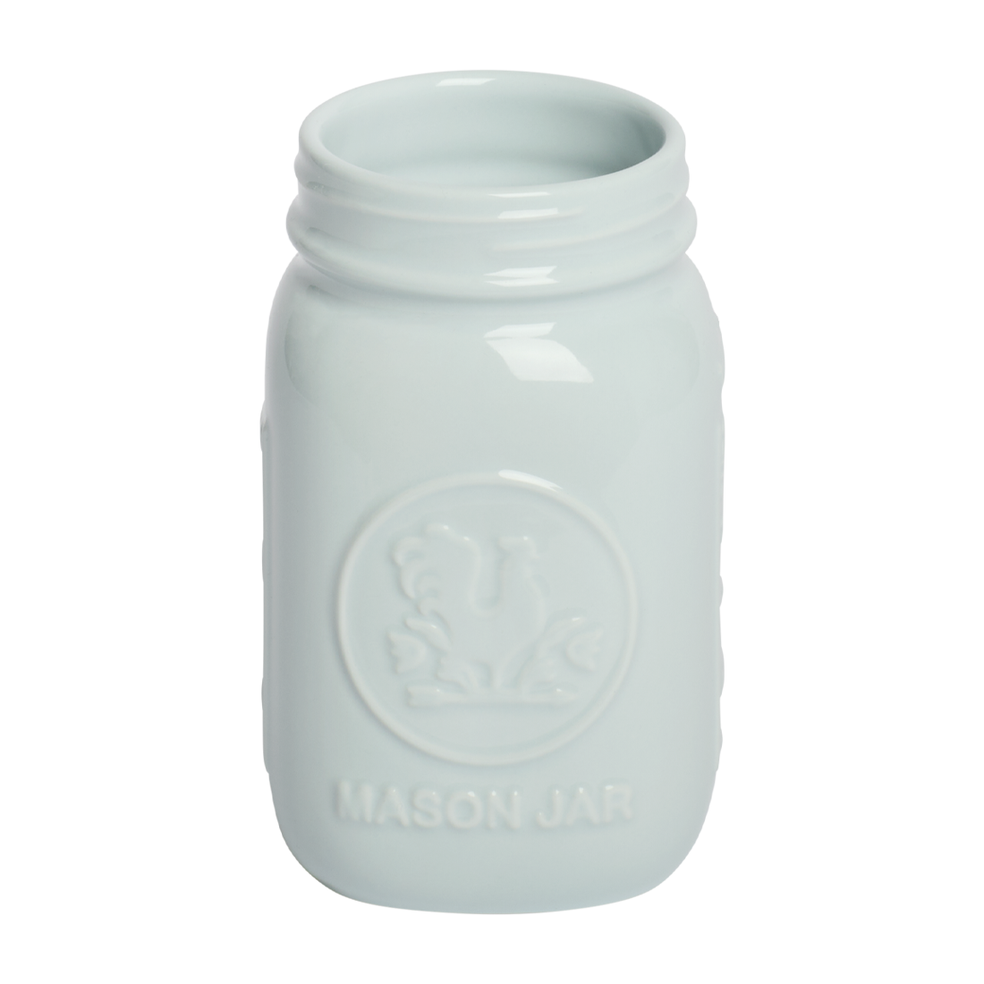 White ceramic mason jar with 'MASON JAR' embossed on a white background