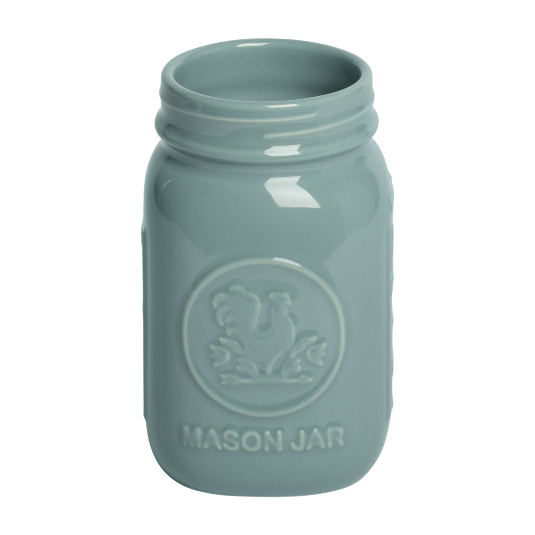 Light blue mason jar with 'MASON JAR' branding on a white background