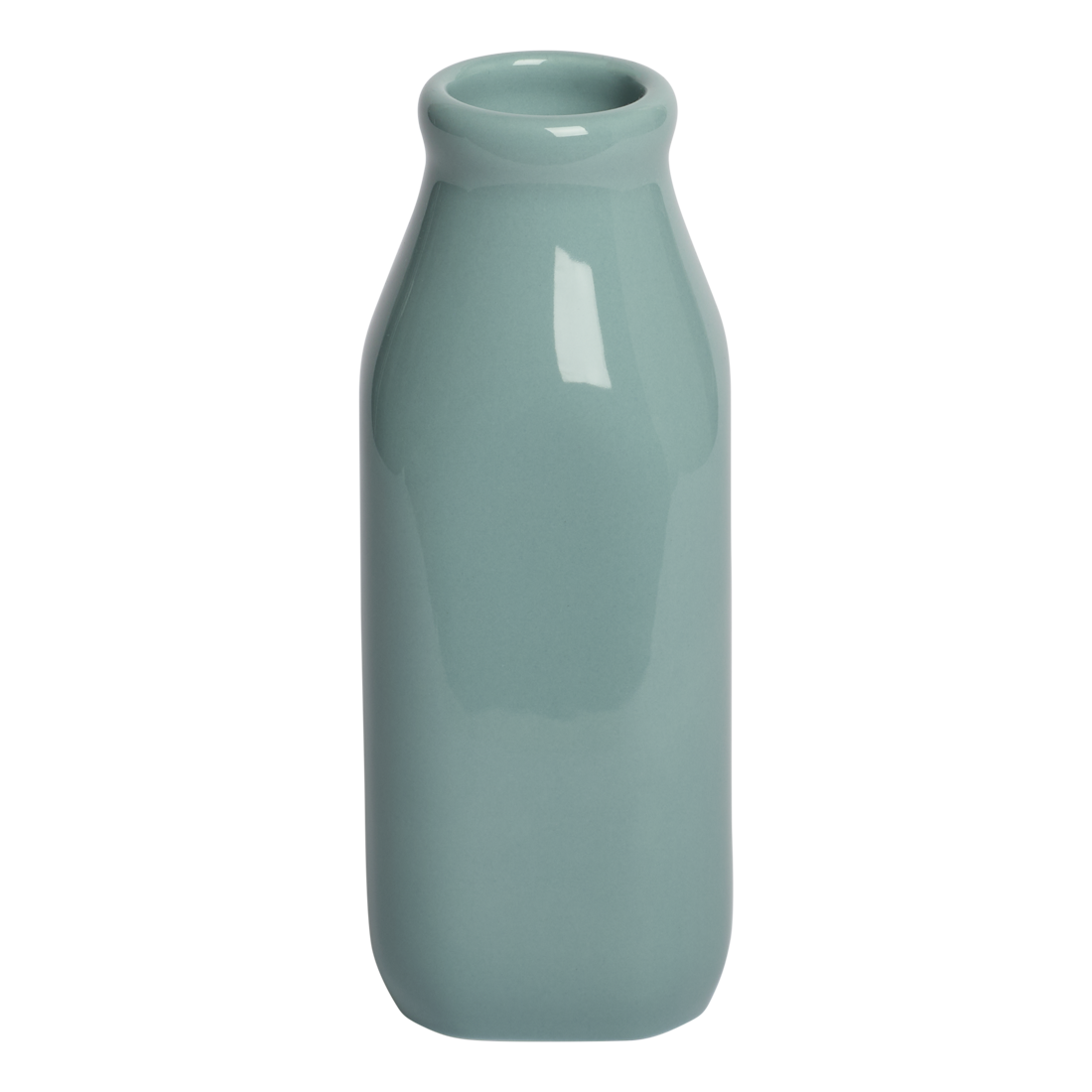 Green ceramic bottle-shaped vase on a white background