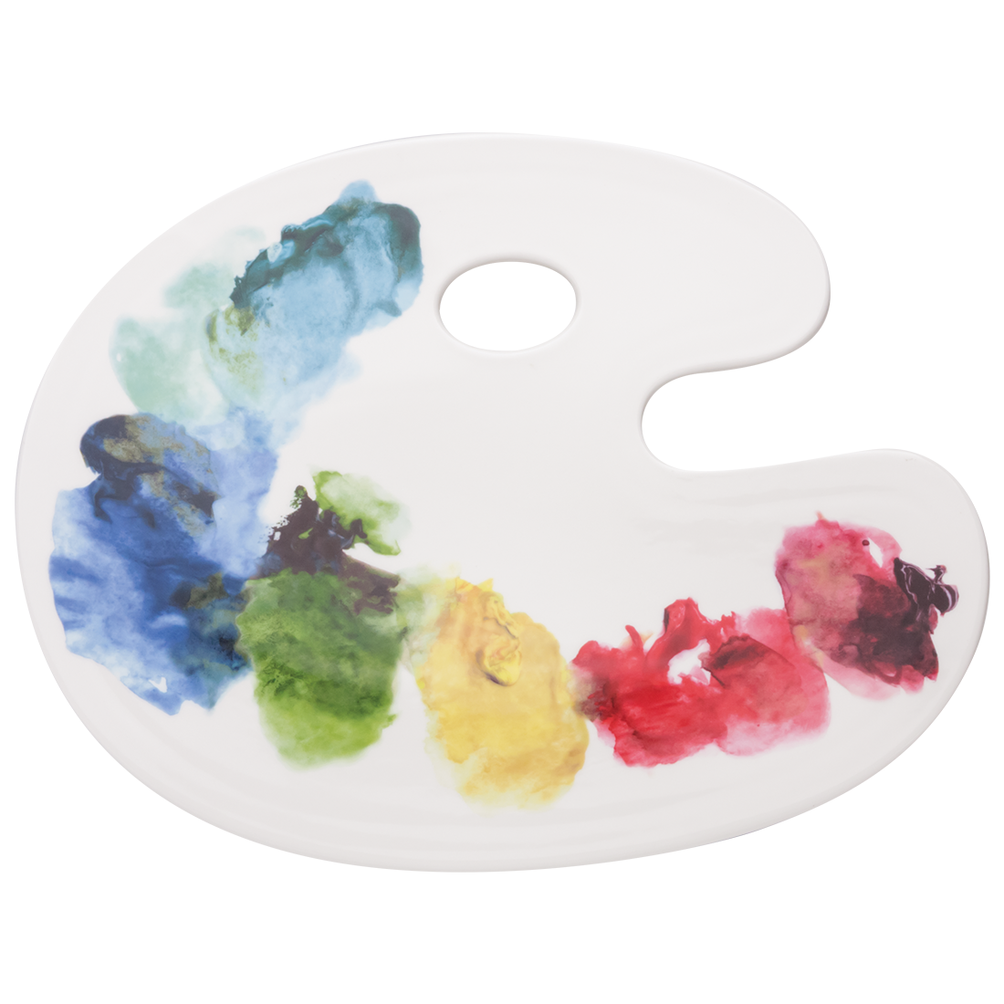 A white artist's palette with multiple colors of paint.