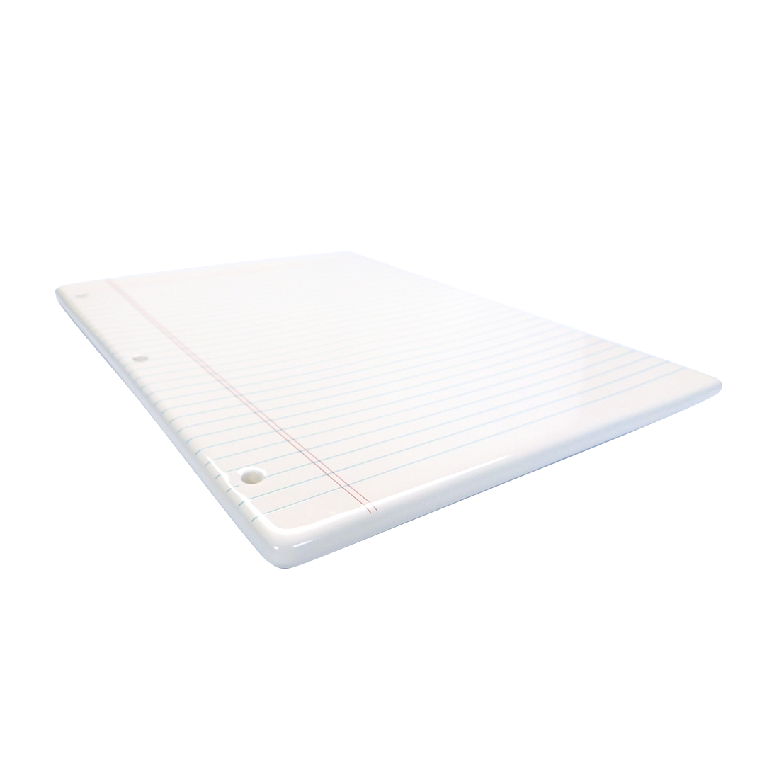A white memo pad with blue lines and perforations, designed to resemble a cheese tray.