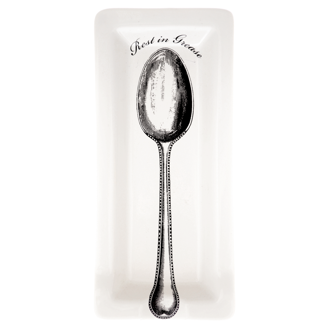 A white rectangular ceramic tray with a black illustration of a spoon and the text 'Rest in Grease'.
