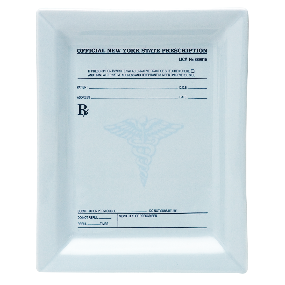 A white decorative tray with a blue 'OFFICIAL NEW YORK STATE PRESCRIPTION' design, resembling a medical prescription form.