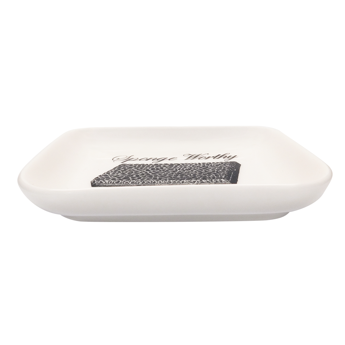 A white square ceramic tray with 'Sponge Worthy' text and a patterned sponge illustration in black.