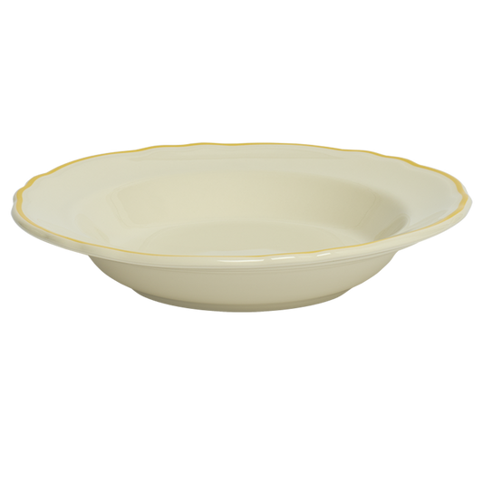 Cream-colored ceramic bowl with a gold rim on a white background