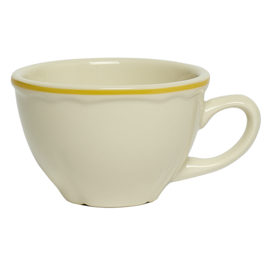 Beige mug with a yellow rim on a white background