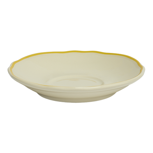 Beige ceramic bowl with a yellow rim on a white background
