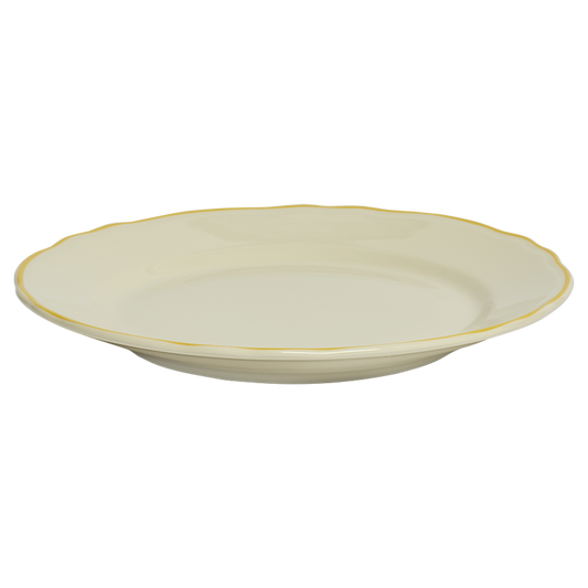 Beige ceramic plate with a gold rim on a white background