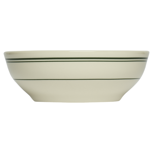 Beige ceramic bowl with black stripes on a white background