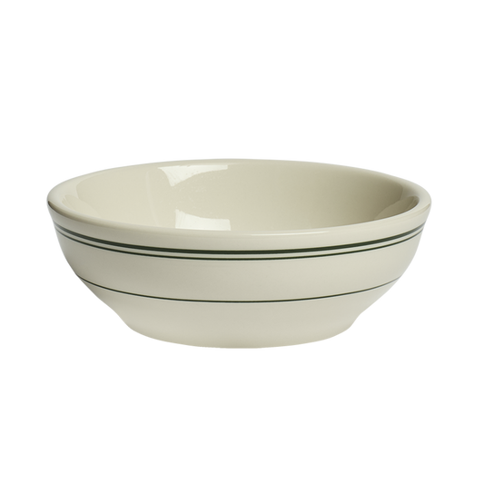 A white ceramic bowl with a green stripe around the top edge.