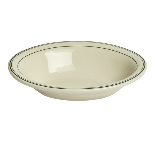 A white ceramic serving bowl with a green band around the exterior edge.