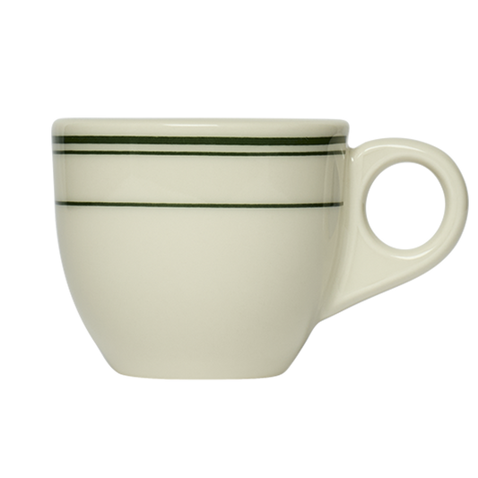 A white ceramic demitasse mug with a green stripe just below the handle.
