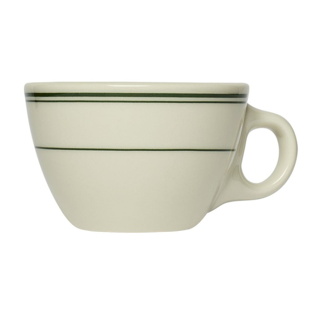 A white ceramic tea cup with a green stripe near the top.